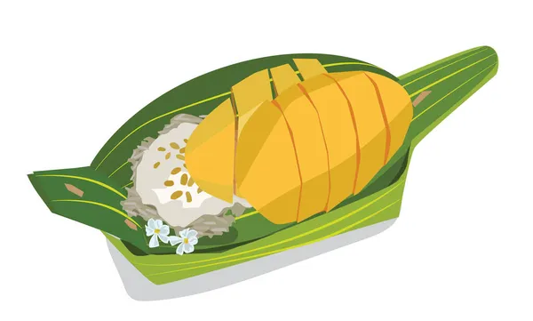 Abbildung Thai Dessert Mangoklebriger Reis Sesam Auf Grüne Bananenblätter Legen — Stockvektor