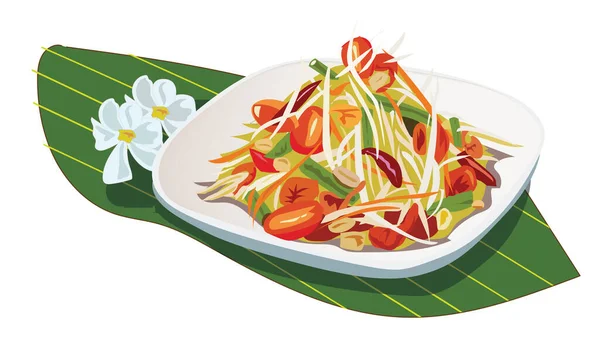 Illustration Von Thailändischem Essen Papayasalat Obst Und Gemüsezutaten Auf Grünem — Stockvektor