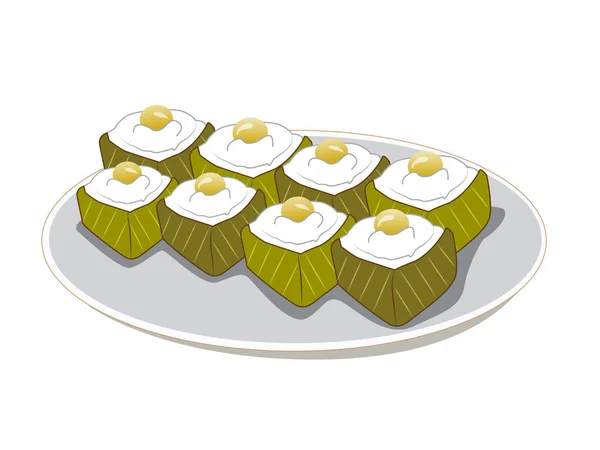 Illustration Samling Thai Dessert Insvept Banan Blad Läckra Doftande Söt — Stock vektor