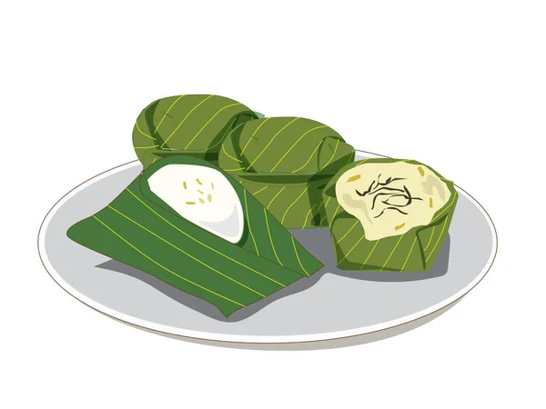 Illustration Sammlung Thailändisches Dessert Bananenblatt Eingewickelt Köstliche Duftende Süße Multi — Stockvektor