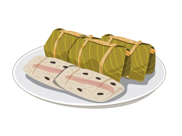 Illustration Sammlung Thailändisches Dessert Bananenblatt Eingewickelt Köstliche Duftende Süße Multi — Stockvektor
