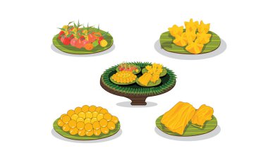 Illustration of Thai desserts placed on banana leaves. There are Kanom Thong Yib, Thong Yod, Foi Thong, Luk Choob and many more. Fragrant taste, sweet, delicious, many kinds. White background. For making illustrations, cards, posters clipart