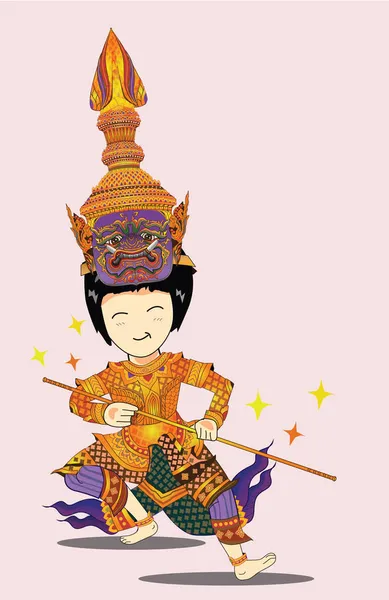 Ilustrasi Khon Thailand Seni Yang Indah Berharga Pertunjukan Bertopeng Dengan - Stok Vektor