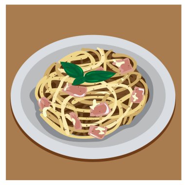 Paghetti Carbonara illüstrasyonu, üzerine jambon serpiştirilmiş, güzel düzenlenmiş yapraklar, biber, sos, mayonez, lezzetli, kahverengi arkaplanlı bir tabağa yerleştirilmiş..