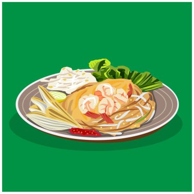 Tayland yemeği çizimi, yeşil arka planda bir tabağa taze karides konmuş Pad Thai. 