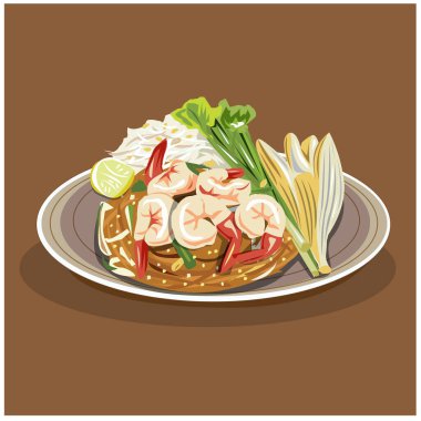 Tayland yemeği çizimi, Pad Thai taze karidesli kahverengi arka planda bir tabağa yerleştirilmiş. 