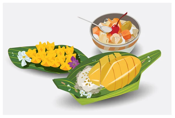 Thaise Dessert Vector Illustratie Mango Sticky Rice Thaise String Yod — Stockvector