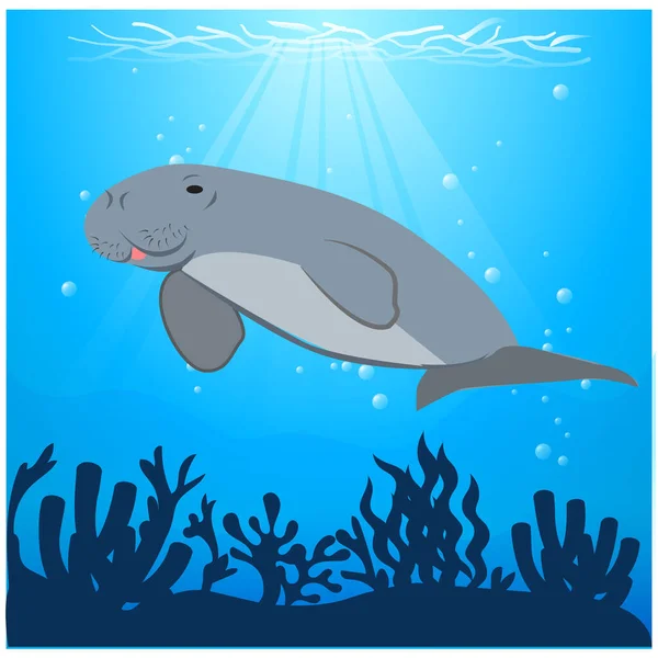 Vector Illustration Dugong Swimming Sea Algae Animal Conservation — Vettoriale Stock