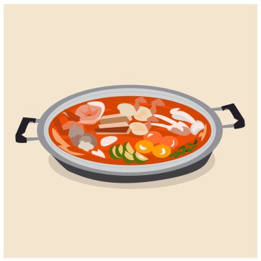 Vector illustration, food, pork porridge with egg, in a bowl, on a gray background
