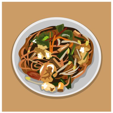 Vektör illüstrasyon Tayland yemeği, karidesli kızarmış pirinç eriştesi, karidesli kızarmış erişte Tayland usulü Foodietaste, kahverengi arka planda bir tabağa yerleştirilmiş.