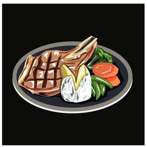 Illustration Vectorielle Bifteck Porc Bifteck Porc Côtelette Porc Avec Brocoli — Image vectorielle