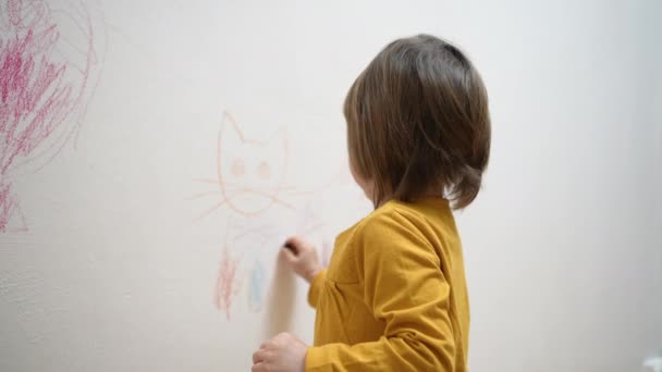Aranyos aranyos kislány művész rajz színező kép kréta, zsírkréta fehér falon, koncentrált okos óvodás gyermek élvezi kreatív művészeti hobbi tevékenység otthon, a gyermekek fejlesztési koncepció — Stock videók