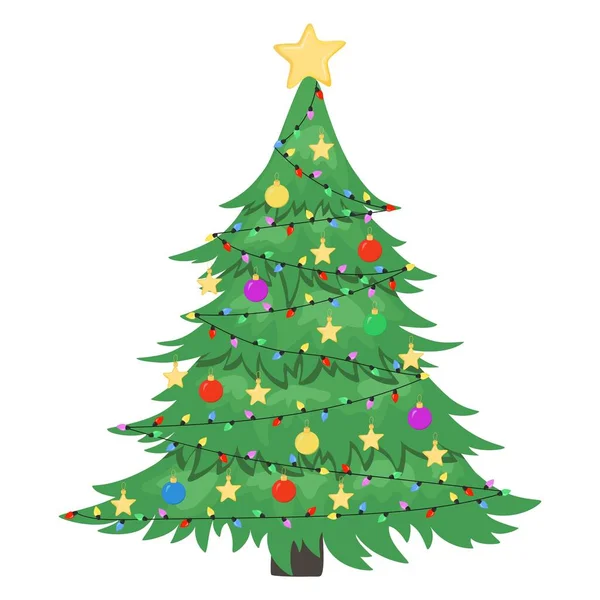 Handgezeichneter Weihnachtsbaum Mit Ornamenten Sternen Girlanden Sternen Vector Doodle Skizze — Stockvektor