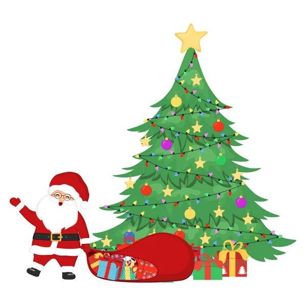Babbo Natale Disegnato Mano Con Sacco Scatole Regalo Albero Natale — Vettoriale Stock
