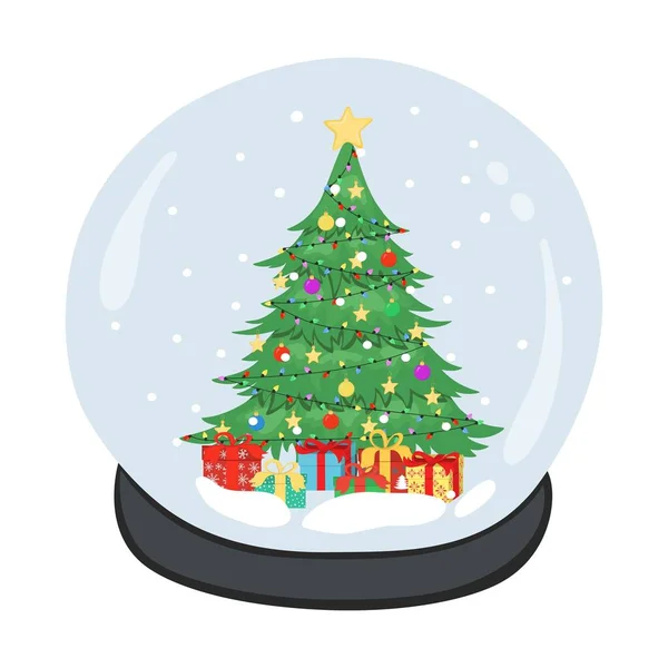 Handgezeichneter Schneeball Mit Weihnachtsbaum Schmuck Sternen Girlanden Und Geschenkschachteln Schneekugel — Stockvektor