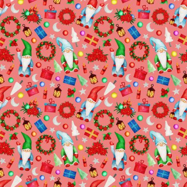 Gnome, ağaç, hediye, çelenk, oyuncak, çiçek ve Poinsettia 'nın el yapımı suluboya deseni. Tasarım kartı, davetiye, duvar kâğıdı, ambalaj kağıdı için Mutlu Yıllar ve Noel klibi illüstrasyonu