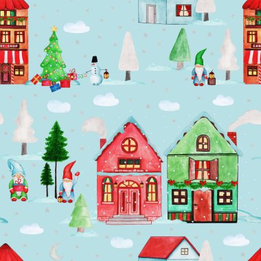 Elle çizilmiş suluboya desenli farklı evler, cüceler, kardan adam, ağaç, hediye, yıldız, ay, kar. Yeni yıl, Noel Kasabası tebrik kartı, davetiye, duvar kağıdı, ambalaj kağıdı