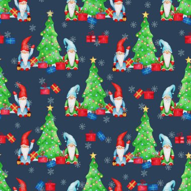 El yapımı suluboya desenli Noel ağacı, cüce, hediye, kar tanesi, yıldız, oyuncak, kar, çelenk. Tebrik kartı, davetiye, duvar kağıdı ve ambalaj kağıdı için yeni yıl ve Noel illüstrasyonu