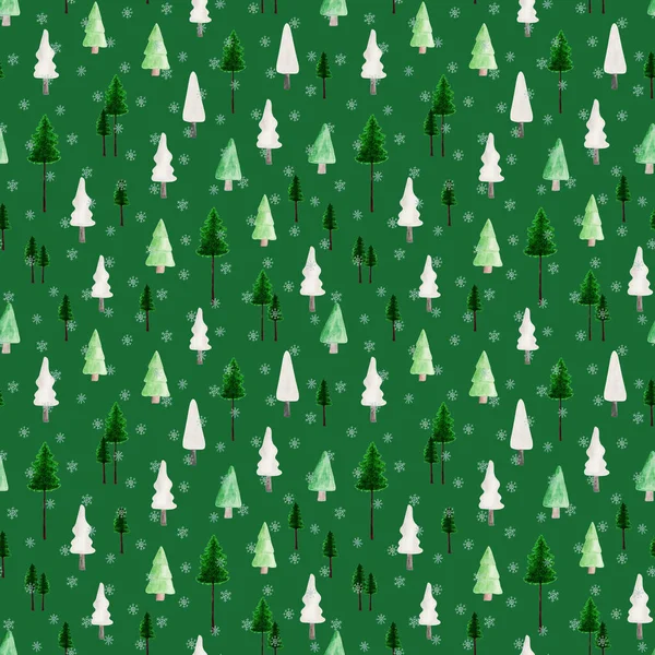 Hand Drawn Watercolor Seamless Pattern Cute Green White Christmas Trees — Stock Photo, Image