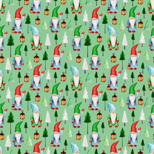 Hand Drawn Watercolor Seamless Pattern Gnomes Christmas Trees Lantern Happy — Stock Photo, Image