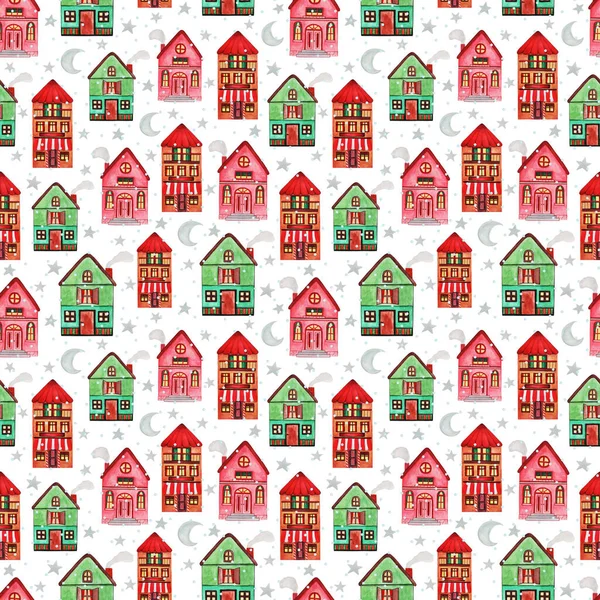 Ręcznie Rysowane Akwarela Bezszwowy Wzór Różnych Rozmiarach Kolor Domy Typu — Zdjęcie stockowe