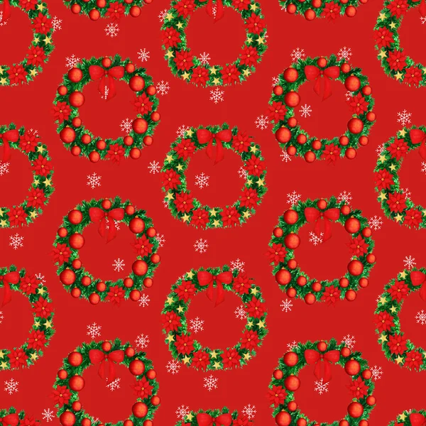 Ручной Рисунок Акварели Бесшовный Узор Рождественский Венок Звезда Лук Пуансеттия — стоковое фото