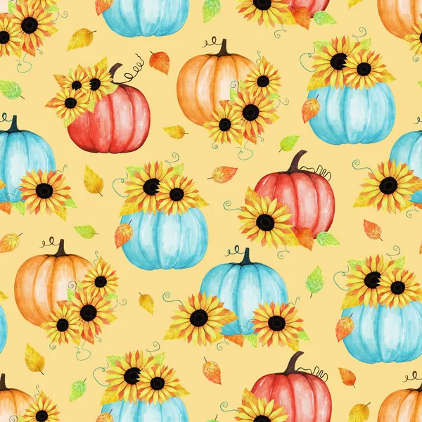 Hand drawn seamless pattern of composition blooming sunflowers, pumpkins, leaves. Decorative colorful autumn watercolor illustration for design card, invitation, wallpaper, wrapping paper, fabric