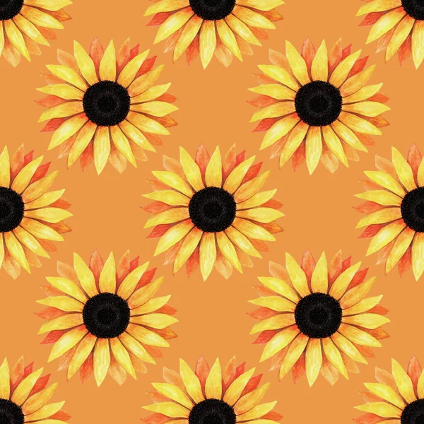 El çizimi, sarı çiçek açan ayçiçeklerinin kusursuz deseni. Parlak, güneşli çiçekler. Tasarım kartı, davetiye, duvar kağıdı, ambalaj kağıdı, kumaş için dekoratif sonbahar suluboya çizimi