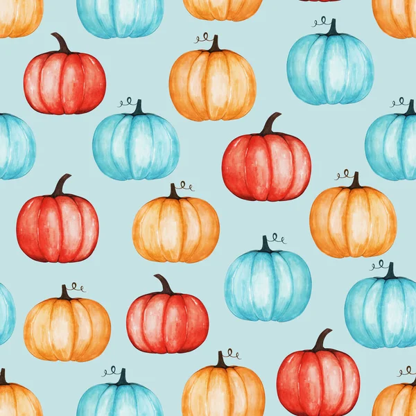Mavi, kırmızı, turuncu balkabaklarından elde çizilmiş kusursuz desen. Sonbahar doğal hasatı. Tasarım kartı, davetiye, duvar kağıdı, ambalaj kağıdı, kumaş için dekoratif suluboya çizimi