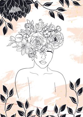 Elle çizilmiş bir davetiye kartı. Çiçekli ve çizgili bir kadın figürü. Nazik siluet genç bayan, fırça, damla ve fırça darbeleri. Soyut bir yüz. Vektör illüstrasyonu
