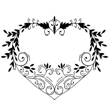 Elle çizilmiş süs kalbi. Dekoratif bahar çiçeği romantik süsü. Vektör illüstrasyonu beyaz arkaplanda izole edildi