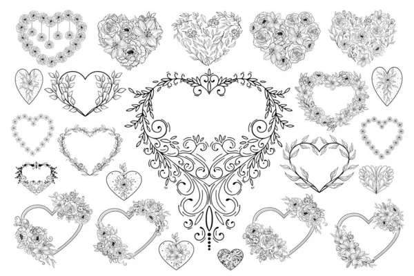Hand Drawn Set Openwork Hearts Flowers Leaves Decorative Spring Romantic — Wektor stockowy