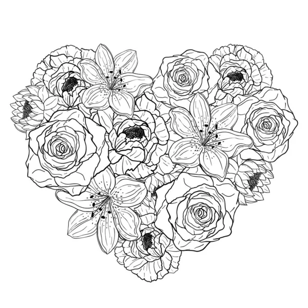 Hand Drawn Heart Flowers Decorative Spring Floral Romantic Ornament Vector —  Vetores de Stock