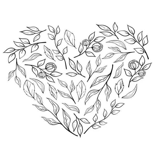 Hand Drawn Heart Leaves Decorative Spring Floral Romantic Ornament Vector — Stockvektor