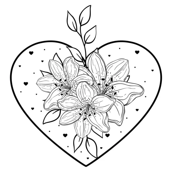 Hand Drawn Heart Flowers Leaves Decorative Spring Floral Romantic Ornament — стоковый вектор