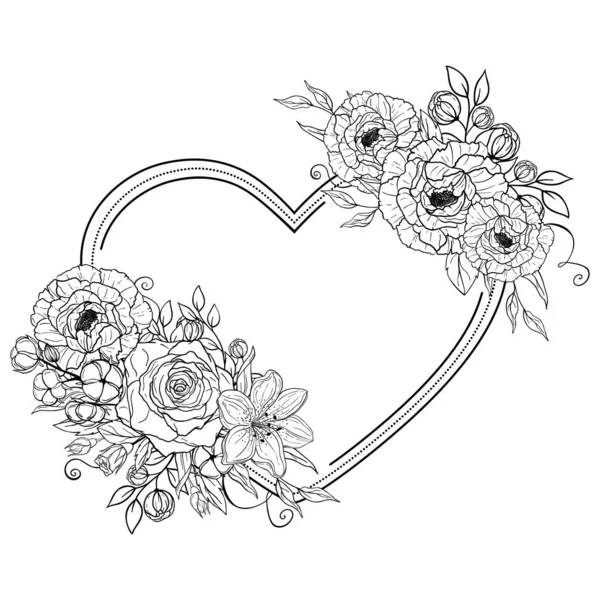 Corazón Flores Dibujado Mano Adorno Romántico Floral Primavera Decorativo Ilustración — Archivo Imágenes Vectoriales