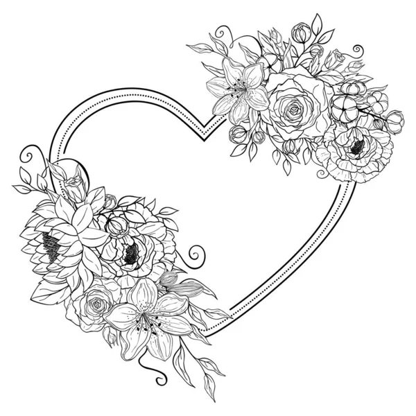 Hand Drawn Heart Flowers Decorative Spring Floral Romantic Ornament Vector —  Vetores de Stock