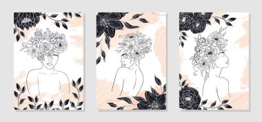 Hand drawn invitation cards of woman figure with flowers and leaves in line art. Gentle silhouette young woman, brush, drops and strokes of paint. Portrait abstract face. Vector set illustration