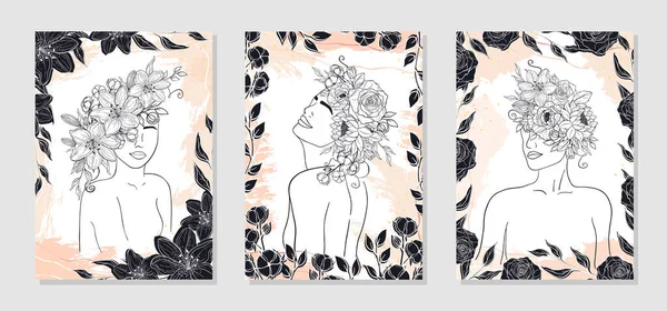 Hand Drawn Invitation Cards Woman Figure Flowers Leaves Line Art — Vettoriale Stock