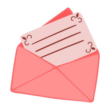 Hand drawn a pink envelope with leaflet. Vector doodle sketch illustration isolated on white background.