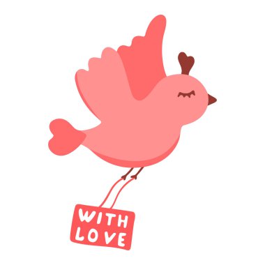Hand drawn cute bird with heart holding a text sign. Lettering With love. Vector doodle sketch illustration isolated on white background.