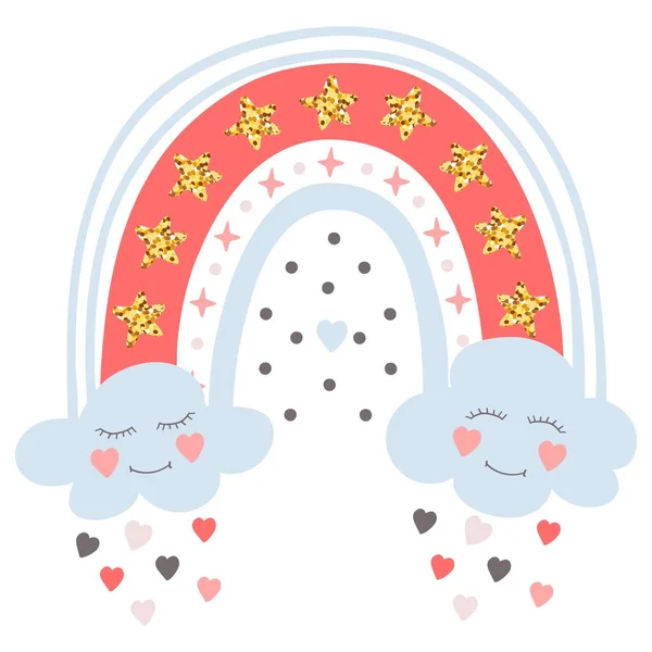 Hand Drawn Cute Rainbow Hearts Clouds Stars Abstract Pastel Element — Stockvektor