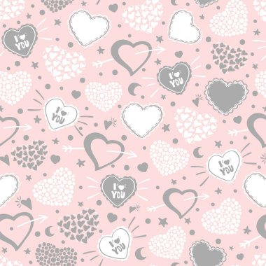 Sevgililer Günü 'nde yıldızlar, ay ve mesajla şekillendirilmiş kusursuz bir kalp deseni çizildi. Romantik çizim vektörü. Tebrik kartı, duvar kağıdı, ambalaj kağıdı, kumaş için dekoratif illüstrasyon