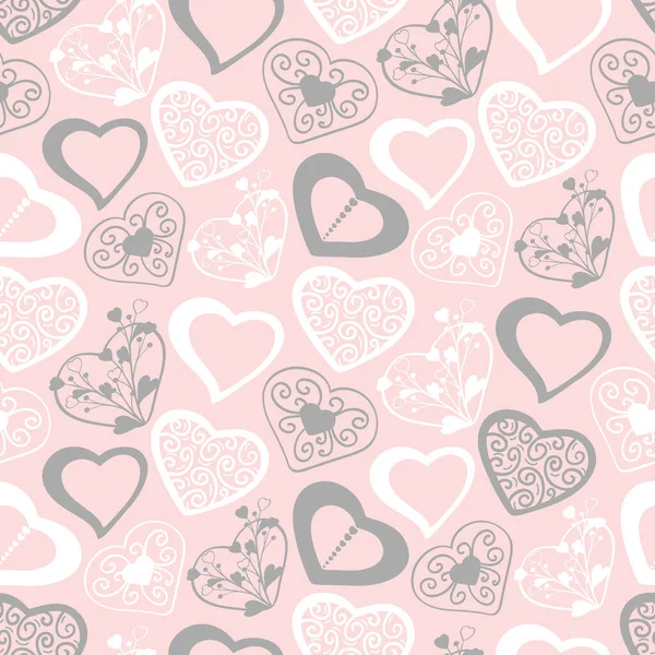 バレンタインデーの手は かわいい心のシームレスなパターンを描いた カラフルなロマンチックなドアのスケッチベクトル グリーティングカード 包装紙 布の装飾的なイラスト — ストックベクタ