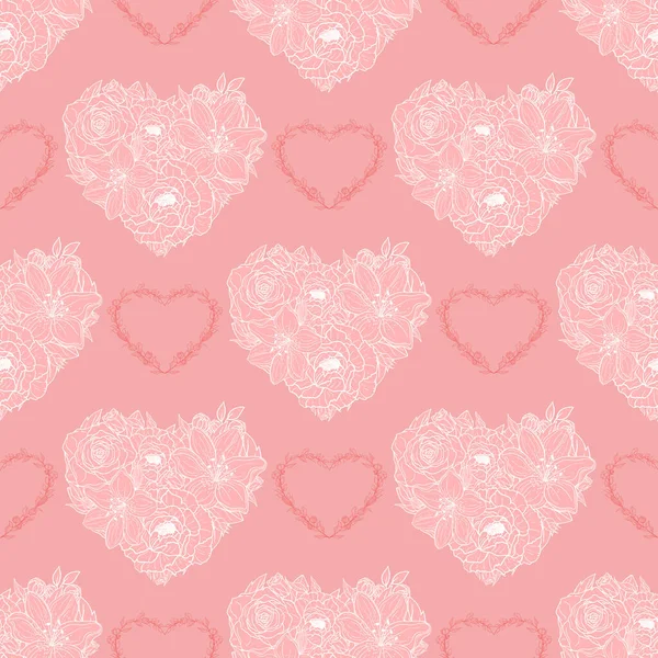 花や葉の透かし彫りの心のシームレスなパターンを手描き 花のバレンタインデー 春のロマンチックな装飾 グリーティングカード 包装紙 布の装飾的なイラスト — ストックベクタ
