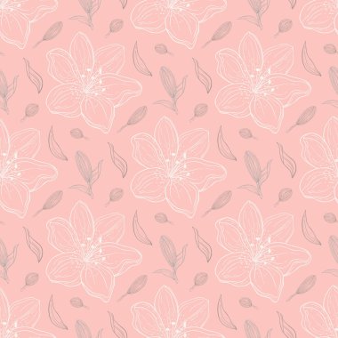 Çiçeklerin ve yaprakların el çizimi kusursuz desen vektörü. Çiçekli zambak. Tebrik kartı, davetiye, duvar kağıdı, ambalaj kağıdı, kumaş için dekoratif karalama çizimi