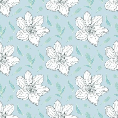 Çiçeklerin ve yaprakların el çizimi kusursuz desen vektörü. Çiçekli zambak. Tebrik kartı, davetiye, duvar kağıdı, ambalaj kağıdı, kumaş için dekoratif karalama çizimi