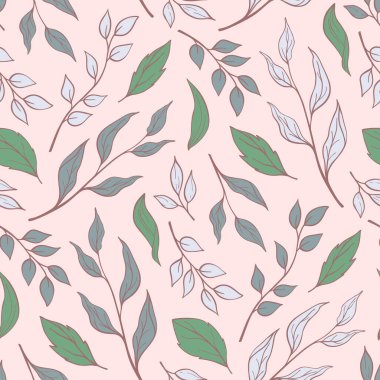 Yaprakların el çizimi kusursuz desen vektörü. Tebrik kartı, davetiye, duvar kağıdı, ambalaj kağıdı, kumaş için dekoratif karalama çizimi