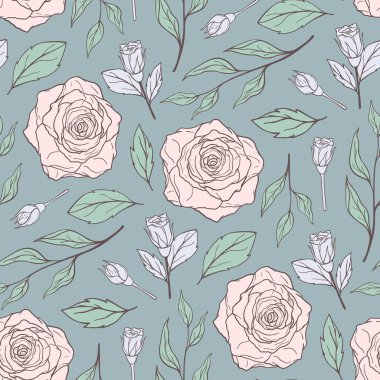 Çiçeklerin ve yaprakların el çizimi kusursuz desen vektörü. Çiçek açan gül. Tebrik kartı, davetiye, duvar kağıdı, ambalaj kağıdı, kumaş için dekoratif karalama çizimi