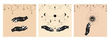 Ay 'la Mistik Güneş, kadın eli, gözler ve yıldızlar sanat eserleri. Ruhsal sembollerin el çizimi kartları. Sihirli tılsım, boho, antika, dövme, logo. Vektör çizimi çizimi çizimi